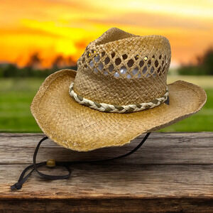 O’Rageous Flexible Western Woven Straw Cowboy Hat Braided Band O/S Chin Strap